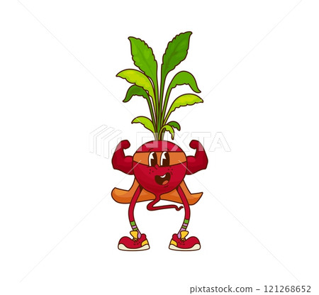 Groovy radish vegetable superhero character flexing its muscles demonstrates superpower. Isolated cartoon vector funny fairytale comic book vitamin retro personage in cape and mask ready for adventure Groovy radish vegetable superhero character flexing its muscles demonstrates superpower. Isolated cartoon vector funny fairytale comic book vitamin retro personage in cape and mask ready for adventure 121268652
