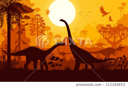 Prehistoric dinosaur silhouettes, sunset landscape of Jurassic era forest, vector background. Dino world with giant lizards, prehistoric pterodactyl birds and predator reptiles for paleontology atlas 121268653