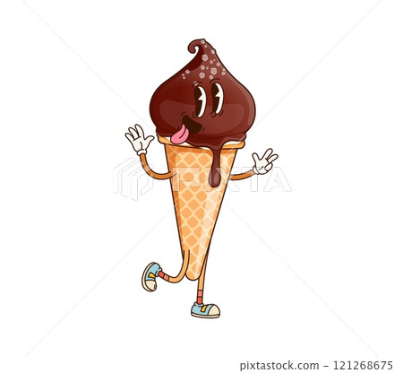 Groovy ice cream cone character with chocolate swirl, playful expression and sneakers. Cartoon vector whimsical and fun-loving retro personage conveys joy and funky vibes for themes of summer dessert Groovy ice cream cone character with chocolate swirl, playful expression and sneakers. Cartoon vector whimsical and fun-loving retro personage conveys joy and funky vibes for themes of summer dessert 121268675