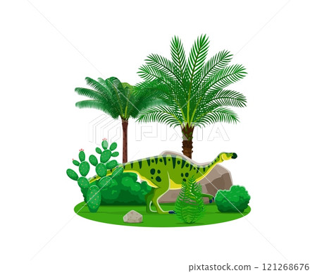 Maiasaura prehistoric dinosaur cartoon character. Vector herbivore theropod dino, ancient Late Cretaceous period reptile in a lush, vibrant tropical landscape with palm trees, green bush, and cacti 121268676