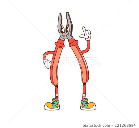 Groovy pliers work tool or DIY and repair or building character, cartoon comic vector. Groovy pliers tool character with funny face and cute smile for DIY repair and construction tool in retro cartoon Groovy pliers work tool or DIY and repair or building character, cartoon comic vector. Groovy pliers tool character with funny face and cute smile for DIY repair and construction tool in retro cartoon 121268684