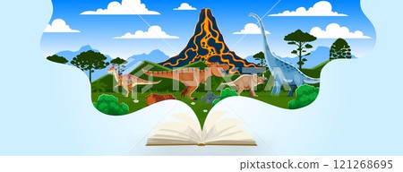 Kids book with prehistoric dinosaurs landscape, cartoon dino animals and volcano. Vector jurassic tyrannosaurus, centrosaurus, titanosauria and parasaurolophus dinosaurs characters coming out of book Kids book with prehistoric dinosaurs landscape, cartoon dino animals and volcano. Vector jurassic tyrannosaurus, centrosaurus, titanosauria and parasaurolophus dinosaurs characters coming out of book 121268695