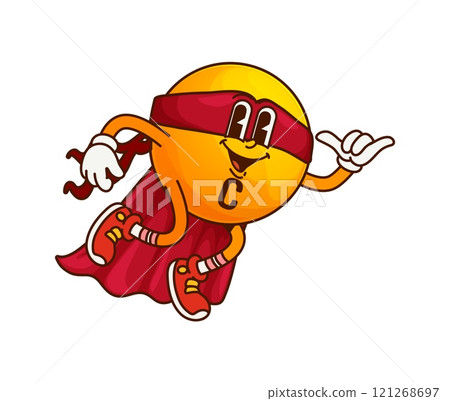 Cartoon groovy vitamin C superhero character. Vector ascorbic acid micronutrient defender, retro comic personage wear cape and mask. Yellow pill or capsule supplement, fantasy super hero bubble drug 121268697