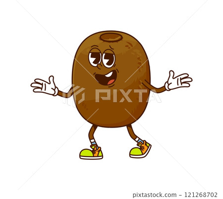 Cartoon funny groovy kiwi fruit character with funky hippie vibe. Isolated vector expressive and cheerful exotic tropical fruit retro comic personage capture a playful and whimsical essence of 60s era 121268702