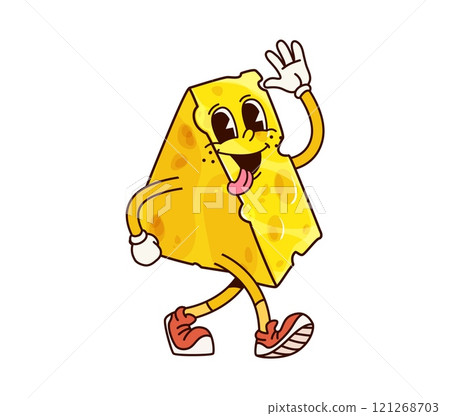 Groovy breakfast cheese character with happy expression. Isolated cartoon vector yellow piece of cheese, dairy food personage wearing sneakers, conveys fun and energy with retro hippie y2k vibes Groovy breakfast cheese character with happy expression. Isolated cartoon vector yellow piece of cheese, dairy food personage wearing sneakers, conveys fun and energy with retro hippie y2k vibes 121268703