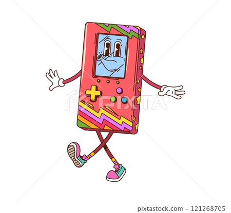 Retro groovy gamepad character. Isolated cartoon vector cheerful, vintage handheld gaming console device personage with happy face, cheerfully walking and whistling playful melody ready to play a game Retro groovy gamepad character. Isolated cartoon vector cheerful, vintage handheld gaming console device personage with happy face, cheerfully walking and whistling playful melody ready to play a game 121268705