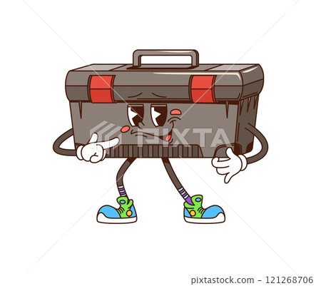 Groovy toolbox cartoon character or DIY and repair tool for building, vector emoji. Groovy box of tools with funny face and silly tongue out smile for carpentry and construction tool cartoon character Groovy toolbox cartoon character or DIY and repair tool for building, vector emoji. Groovy box of tools with funny face and silly tongue out smile for carpentry and construction tool cartoon character 121268706