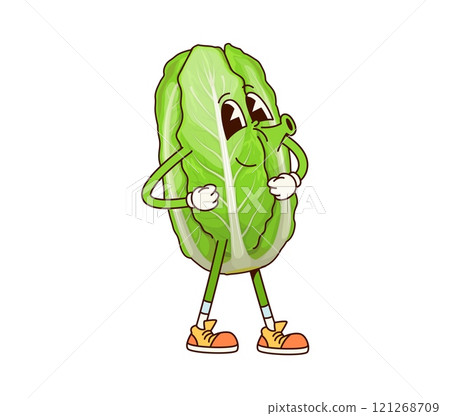 Groovy Chinese cabbage vegetable character with friendly face, wearing sneakers, and whistling happily. Isolated cartoon vector ripe and healthy farm veggie personage exudes a cheerful, energetic vibe Groovy Chinese cabbage vegetable character with friendly face, wearing sneakers, and whistling happily. Isolated cartoon vector ripe and healthy farm veggie personage exudes a cheerful, energetic vibe 121268709