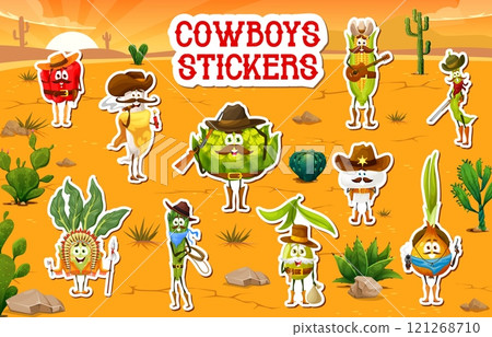 Stickers pack of cartoon cowboy, bandit and sheriff vegetable characters at desert. Funny Wild West Western vegetable food vector personages of pepper, corn, bean and onion characters with cowboy hats 121268710