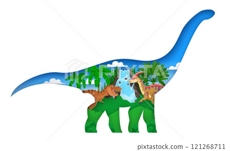 Prehistoric paper cut dinosaur with dino lizards characters in jungle forest, vector banner. Funny cartoon Jurassic era T-rex tyrannosaurus in giant dinosaur papercut silhouette with forest for kids 121268711