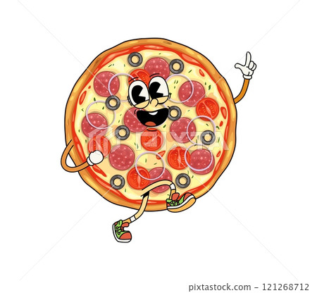 Groovy fast food pizza character. Isolated cartoon vector retro personage celebrates party and dancing. Funny, hippie, whole pepperoni fastfood pizza with wide, cheesy grin, exudes a cool, funky vibes 121268712