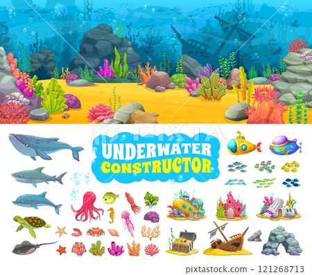Underwater landscape constructor, game asset kit with ocean bottom vector elements. Cartoon whale, sea fish, shark and dolphin animals, treasure chest, sunken ship and submarine underwater landscape 121268713
