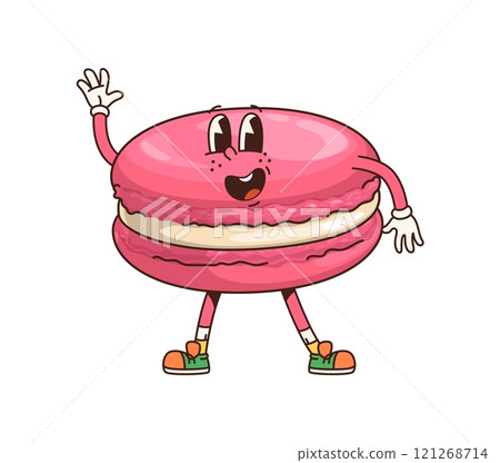 Retro groovy macaroon character. Cartoon vector pink sweet macaron dessert personage waving hand. Isolated vector cheerful confectionery for kids cafe menu. Cute french pastry bakery or patisserie Retro groovy macaroon character. Cartoon vector pink sweet macaron dessert personage waving hand. Isolated vector cheerful confectionery for kids cafe menu. Cute french pastry bakery or patisserie 121268714