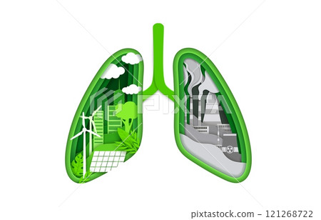 Paper cut lungs pollution and environment, green ecology conservation and health problem, vector concept. Factory and industrial toxic contamination smog and environmental pollution in papercut lungs 121268722