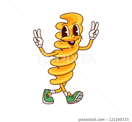 Italian pasta Fusilli groovy cute character. Italian restaurant raw gourmet groovy personage, Fusilli tasty pasta or Italy cuisine menu wheat meal vintage isolated vector funny character or mascot Italian pasta Fusilli groovy cute character. Italian restaurant raw gourmet groovy personage, Fusilli tasty pasta or Italy cuisine menu wheat meal vintage isolated vector funny character or mascot 121268725