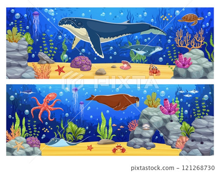 Underwater landscape game background with sea animals characters on coral reef bottom, vector game UI. Cartoon whale, octopus, walrus, jellyfish and crab, fish shoals and starfish underwater landscape Underwater landscape game background with sea animals characters on coral reef bottom, vector game UI. Cartoon whale, octopus, walrus, jellyfish and crab, fish shoals and starfish underwater landscape 121268730