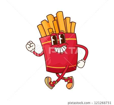 Cartoon fast food french fries groovy character. Takeaway restaurant snack, street cafe french fries or junk menu meal hippie isolated vector character. Fast food snack happy groovy personage 121268731