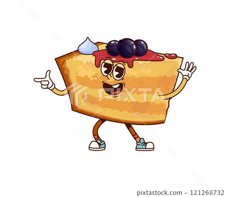 Funny groovy cake character. Isolated cartoon vector slice of biscuit dessert retro personage with layered body, topped with whipped cream, jam and black currant berries, wears big smile and sneakers 121268732