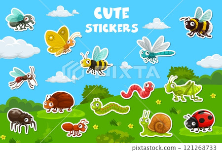 Cartoon insect characters stickers pack on summer flower field vector background. Funny butterfly, ant, bee and fly, cute bug and spider insect personages. Cartoon happy ladybug, dragonfly and worm 121268733