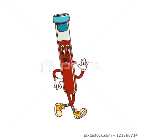 Cartoon test tube groovy medicine and health character with sticking tongue. Isolated vector quirky laboratory beaker filled with a blood Retro personage for science, healthcare and medical work 121268734