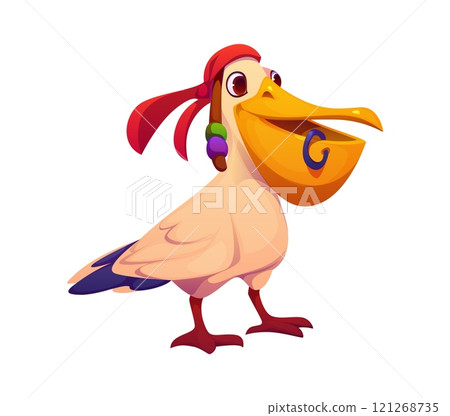 Cartoon funny pelican bird pirate corsair animal character. Isolated vector feathered buccaneer sailor personage with red bandana and piercing on its beak searching for fishy treasure on the high seas 121268735