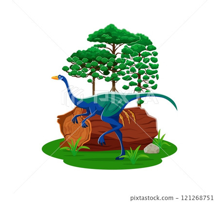 Garudimimus prehistoric dinosaur character. Isolated cartoon vector ancient omnivore reptile animal of Late cretaceous era at lush natural environment landscape with fallen log, green field and tree 121268751