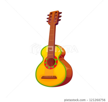 Cartoon Mexican guitar or guitarron, traditional string instrument embodies the essence of Latin America music, culture, heritage and travel. Vector guitar for mariachi band performances or concerts 121268756