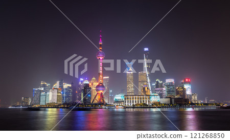 Night view of skyscraper and skyline in Lujiazui, Shanghai, Skyline and skyscraper buildings in Shanghai, Shanghai city skyline skyscraper architecture, China. 121268850