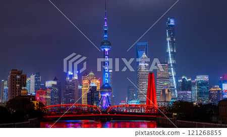 Night view of skyscraper and skyline in Lujiazui, Shanghai, Skyline and skyscraper buildings in Shanghai, Shanghai city skyline skyscraper architecture, China. Night view of skyscraper and skyline in Lujiazui, Shanghai, Skyline and skyscraper buildings in Shanghai, Shanghai city skyline skyscraper architecture, China. 121268855