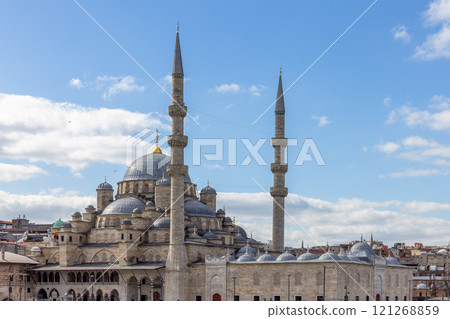 Yeni Cami Mosque at Istanbul, Turkey, New Mosque or Valide Sultan Camii Mosque, Ottoman imperial mosque situated at old town eminonu near egyptian bazaar, Turkey. 121268859