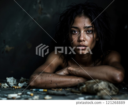 Portrait of a female drug addict. 121268889