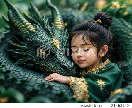Little girl with a green dragon. 121268910