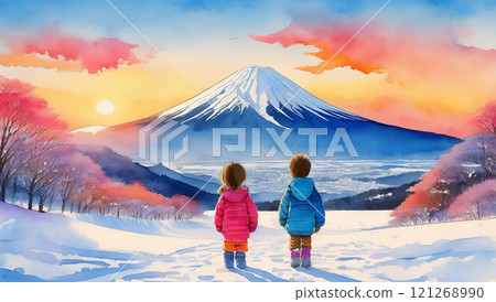 Mt. Fuji and the first sunrise in winter 121268990