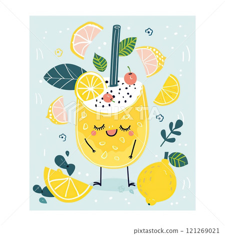 Cute lemonade illustration. Hand drawn lemonade with lemons and leaves.	 121269021