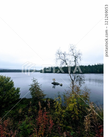 a Norwegian lake surrounded by trees on a dark rainy day a Norwegian lake surrounded by trees on a dark rainy day 121269053