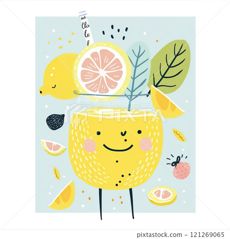 Cute lemonade illustration. Hand drawn lemonade with lemons and leaves. 121269065