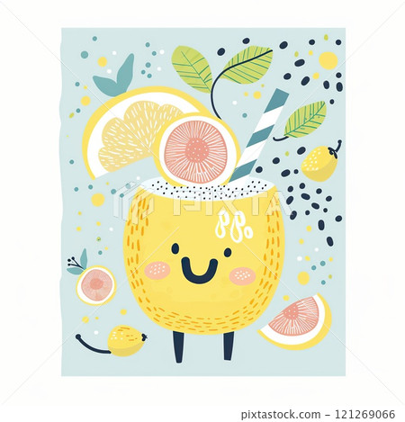 Cute lemonade illustration. Hand drawn lemonade with lemons and leaves. 121269066