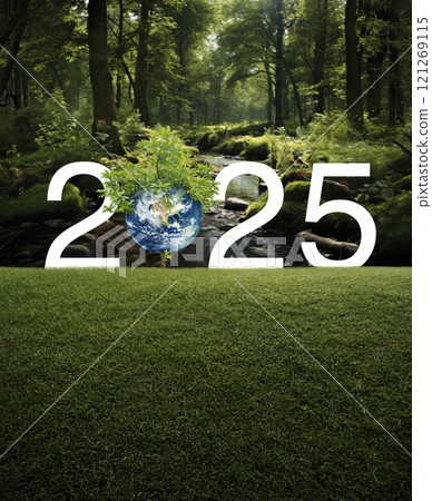 Happy new year 2025 ecological cover, Save the earth concept, Elements of this image furnished by NASA, Generative AI 121269115