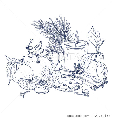 Tangerines with cotton, pine branches and cones, sweets, candle and spices. Graphic illustration hand drawn in black ink. Composition, sublimation, arrangement EPS vector. 121269138