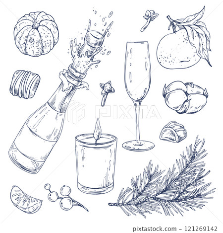 Christmas collection with tangerines, sweets, spices, champagne and plants. Graphic illustration hand drawn in black ink. Clip art, set of elements EPS vector. Christmas collection with tangerines, sweets, spices, champagne and plants. Graphic illustration hand drawn in black ink. Clip art, set of elements EPS vector. 121269142