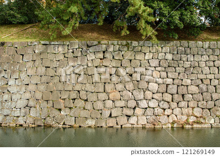 Inner walls and moat of the old Japanese Tokugawa Shogun residence of Nijo castle in Kyoto, Japan 121269149