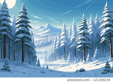 Snowy Forest with Mountain View and Clear Sky 121269239