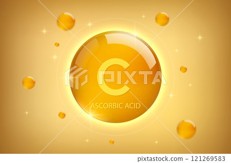 Vitamin C gold icon. Ascorbic Acid vitamin drop pill capsule Vitamin C gold icon. Ascorbic Acid vitamin drop pill capsule 121269583
