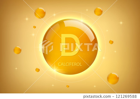 Vitamin D gold icon. Calciferol vitamin drop pill capsule 121269588