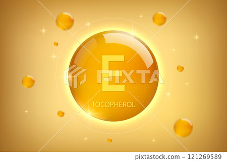 Vitamin E gold icon. Tocopherol vitamin drop pill capsule 121269589