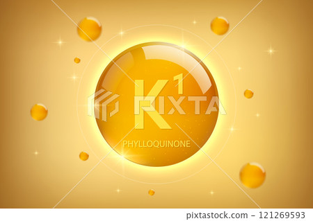 Vitamin K1 gold icon. Phylloquinone vitamin drop pill capsule. 121269593