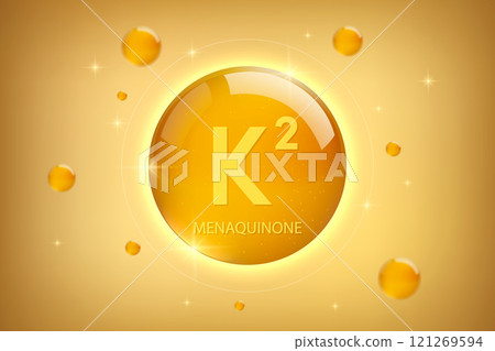 Vitamin K2 gold icon. Menaquinone vitamin drop pill capsule. 121269594