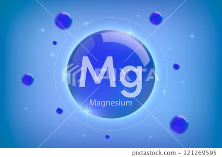 Magnesium blue icon. Essential mineral capsule with glowing effects for bone health and wellnes 121269595