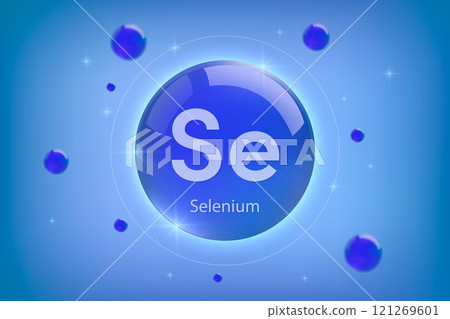 Selenium blue icon. Essential mineral capsule with glowing effects for bone health and wellnes Selenium blue icon. Essential mineral capsule with glowing effects for bone health and wellnes 121269601