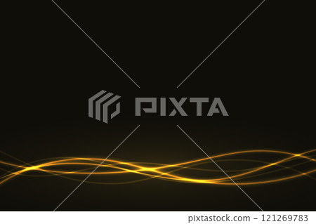 Glowing Golden Light Trails on Black Background 121269783